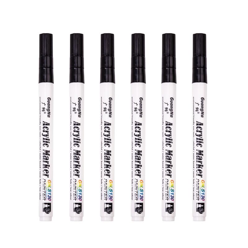 Guangna Acrylic Paint Markers 6-Pack - Black Markers for Art, Crafts & Creative Projects - Bold, Non-Bleeding Colors, Fine Point for Precision Marking & Painting, Black