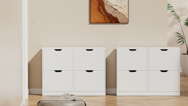 Scarpiera Slim In Legno Bianco - 4 Ante Ribaltabili, 105x80x24cm, Per Ingresso