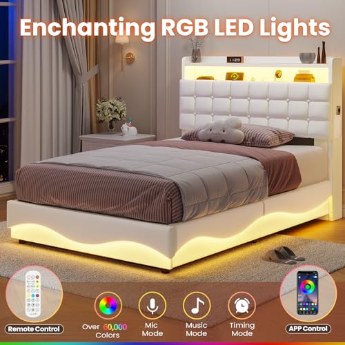 Image of ADORNEVE Lift Up Storage Twin Bed Frame with LED Lights, Hidden Storage Headboard and Charging Station, Upholstered Platform Bed, LED Bed with Hydraulic, No Box Spring Needed, Creamy White