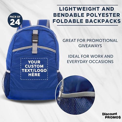DISCOUNT PROMOS Custom Lightweight Travel Packable Backpacks Set of 24, Personalized Bulk Pack - Perfect for Camping, Outdoor Sports - Blue3