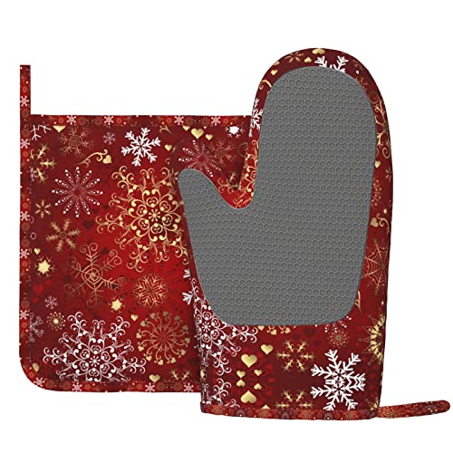 Red Christmas Snowflake Printed Oven Mitts And Pot Holders Sets Non-Slip Anti-Scalding Glove Mitt For Cooking Kitchen Mitt Potholders 2 Piece Set #TOP2