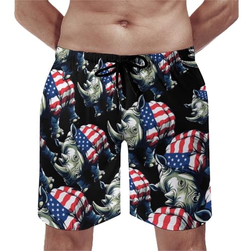 Rhinoceros 4th Of July Rhino Men's Swim Trunks Quick Dry Board Shorts Hawaiian Beach Shorts With Pocket