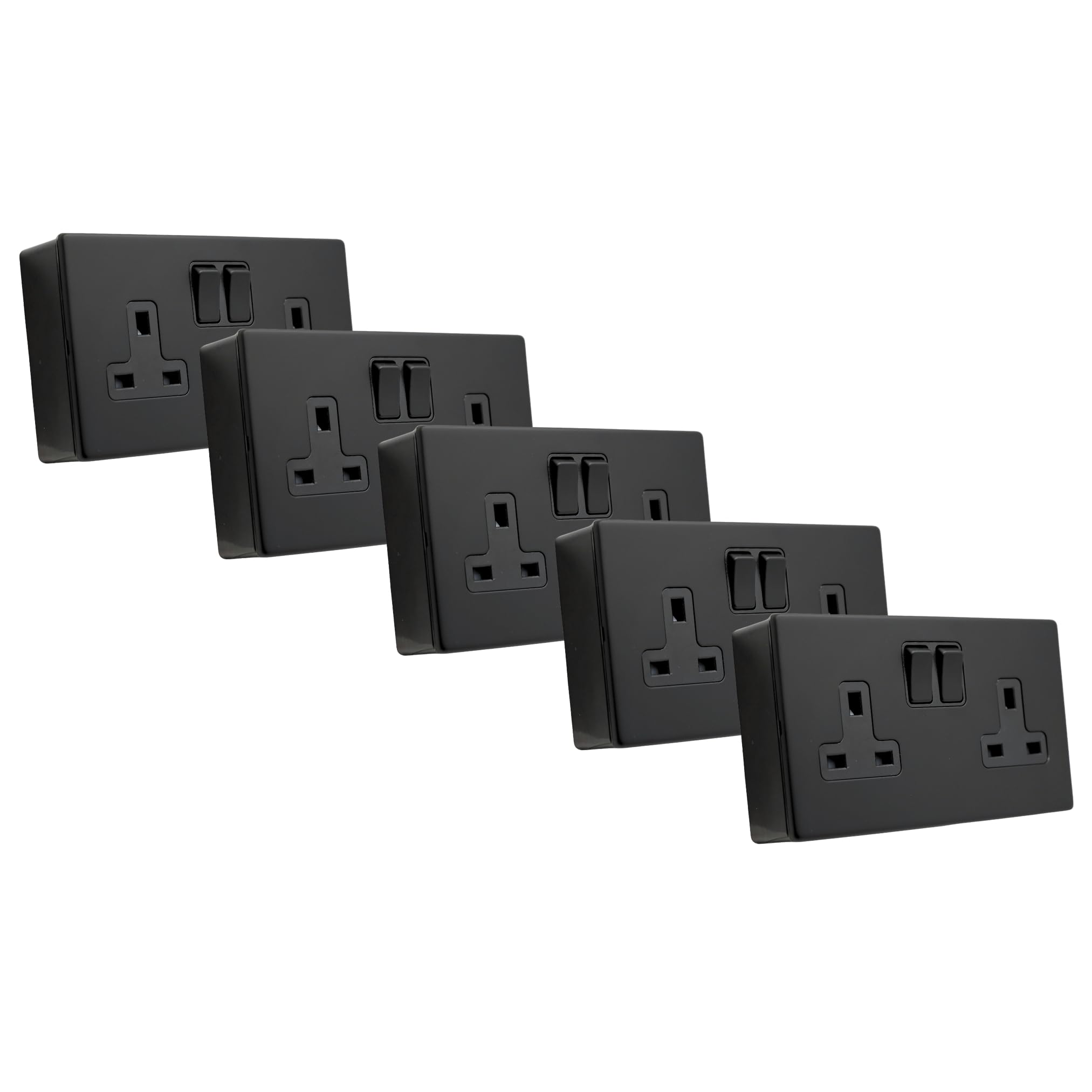 SHP ELECTRICAL® Screwless Matt Black Metal 2 Gang 13A Switched Socket and 25mm Surface Mount Pattress Box (2 Gang Socket + Back Box (5 Pack))