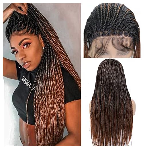 BESFOR Lace Front Knotless Box Braided Wigs Heat Resistant Fiber Synthetic Twist Braid Wigs Ombre Brown Colored Half Hand Tied 13x4 Front Lace Wig with Baby Hair for Black Women 28” 450g