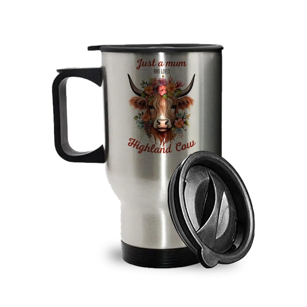 Getagift Just A Mum Who Loves Highland Cow, Mother’s Day Gift for Mum, Insulated 14oz Travel Mug, Tea, Coffee Mug. (Silver)