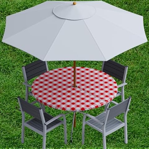 Sorfey Vinyl Umbrella Round Fitted Tablecloth Cover, Checkered Design, Flannel Backed Lining 42 Inch, Red Cover