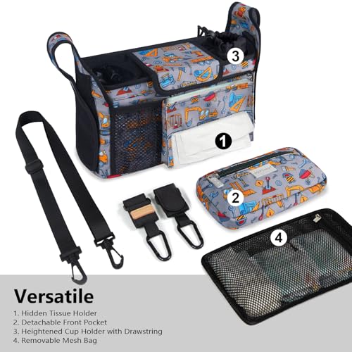 Image of TOPDesign Universal Baby Stroller Organizer, Stroller Caddy with Detachable Mesh Bag & Heightened Insulated Cup Holders & Non-Slip Secure Hooks Accessories, Fits Most Strollers (Construction Trucks)