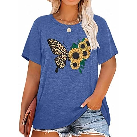 MK Shop Limited Plus Size Tops for Women Summer Sunflower Graphic Tops Loose Cute Round Neck Short Sleeve Tees Shirt Cover