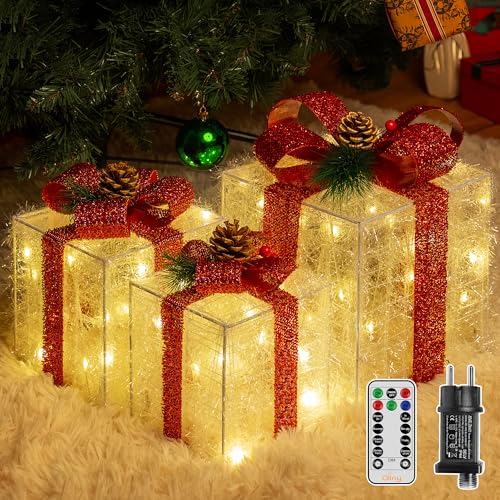 Ollny LED Weihnachtsdeko innen mit Timer, 3er Set Geschenke Leucht...