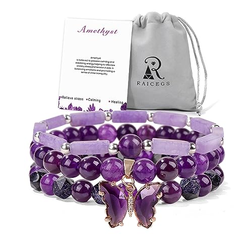 Raicegs Healing Crystal Bracelets for Women Amethyst Rose Quartz Bracelet Set 8mm Natural Stone Beaded Bracelet Anxiety Stress Relief Purple Bracelets for Women