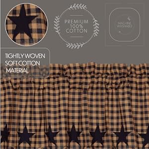 Vhc brands star cotton primitive kitchen curtains rod pocket appliqued 24×36 tier pair navy blue  urban country home decor