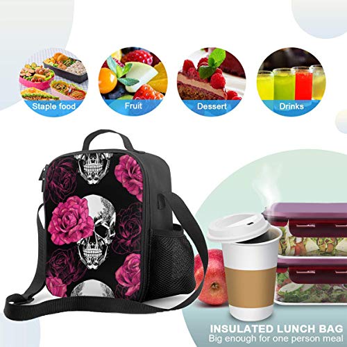 Pink Roses Skull Oxford Cloth Insulated Lunch Bags, Work Travel Picnic School Bento Lunch Bag - Durable & Waterproof Lunch Organizer Lunch Tote For Men, Women And Kids,Skull Floral Lunch Bag Box #TOP3