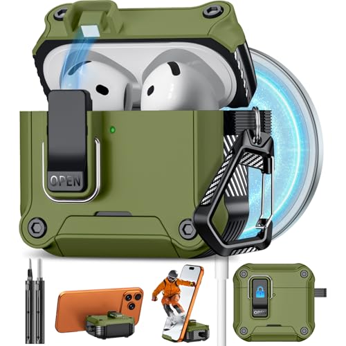 Image of Pohgelan for AirPods 4 Case with Safety Lock-Dark Green | Magnetic Automatic Lock with Cleaning Kit&Keychain,Compatible with Magsafe