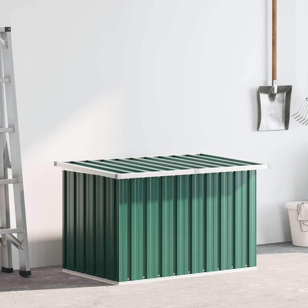Contenitore da giardino verde in acciaio zincato, 109 x 67 x 65 cm, con coperchio ribaltabile per cuscini e armadietto per attrezzi, per tenere ordine all'aperto