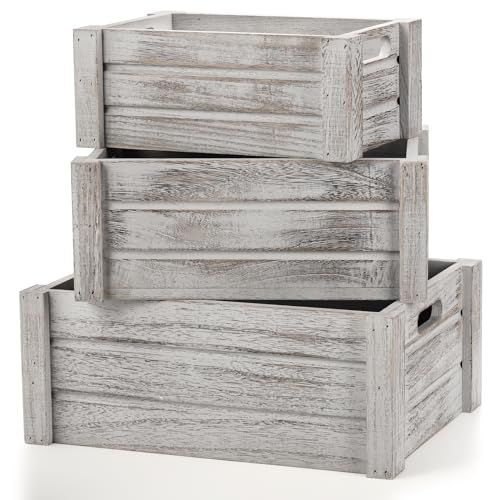 Hacaroa 3 Pack Wood Crates with Handles Rustic Nesting Storage Container Box Decorative Wooden Basket Bins for Fruit Vegetable Home Laundry Farmhouse 3 Sizes