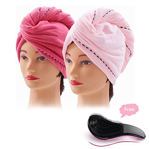 2 Pack Absorbent Microfiber Hair Towel Wraps Anti-Frizz Soft Quick Dry Hair Turban Twist Hat Fast Drying Hair Cap with Button Head Hair Drying Towel for Long Curly Hair + Scalp Massage Comb
