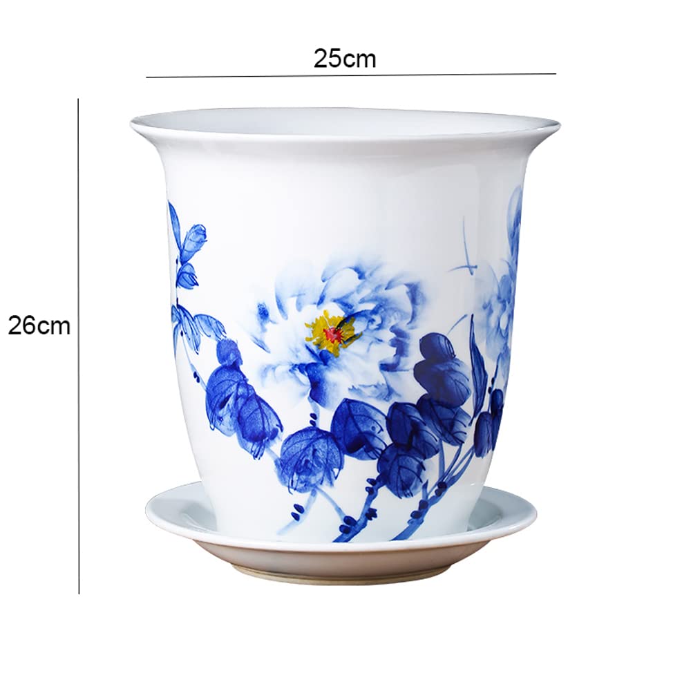 Doniczka ceramiczna Chińskie orientalne niebiesko-białe ceramiczne doniczki doniczkowe do wnętrz z porcelanowym spodkiem do ogrodu i wewnątrz, doniczka Chinoiserie