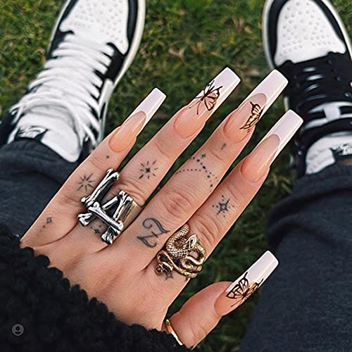 Babalal Long French Nails Coffin False Nail Tips Natural Acrylic Nails With Design Glossy Gel On Nails With Butterfly Design For Women And Girls #TOP12