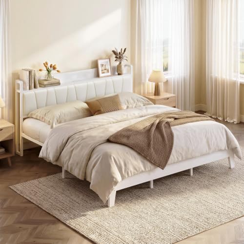 Image of LIKIMIO King Bed Frames, PU Leather Storage Headboard with Charging Station, Solid and Stable, Noise Free, No Box Spring Needed, Easy Assembly, White