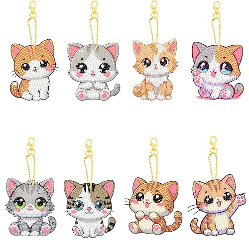 Masendp 8 Pieces Diamond Painting Keychain Animal Diamond Art Jewelry Double-Sided 5D Diamond Painting Kit for Beginners Adult DIY Art Craft Gift Home Decor (Cat)