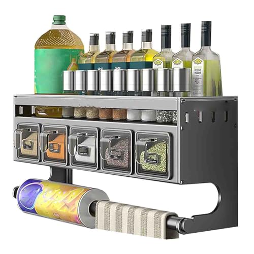 Hanshanyan キッチンスパイスラック ステンレス製収納ラック キッチン多機能収納棚調味料ボトルラック パンチフリーの卓上箸 包丁立て収納ラック 収納棚カ 多機能塩スパイス瓶調味料 家庭用 防水防錆 組み立て簡単 水洗い 大容量 (スパイスケース5箱