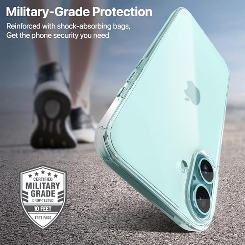 Image of eller sante Clear Back Cover Case for iPhone 16 Plus Shockproof Slim Thin Non-Yellowing Scratch Resistant Military-Grade Protection - Transparent