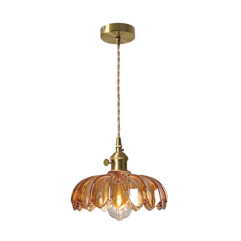 SAVALE Retro Glass Flower Pendant Light Mid-Century Modern Lotus Pendant Lighting Fixture Vintage Glass Copper Ceiling Hanging Light for Bedroom Dining Room Kitchen Island (25CM/9.8",A)