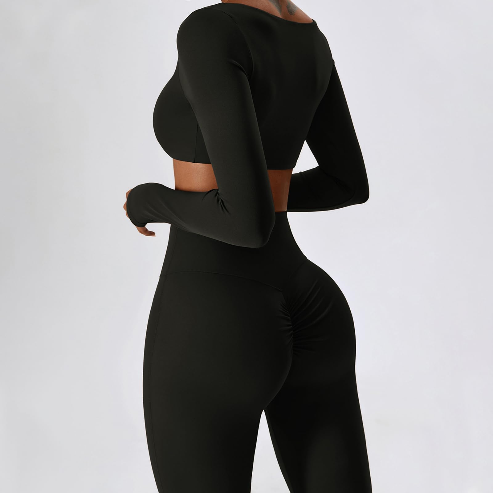 IDOPIP Sport-Set Damen Langarm für Fitness: Zweiteiler Gym Set mit Langarmshirt und Leggings Schlaghose - Sportkleidung für Yoga Pilates Workout