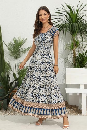 Image of OSTOO Women's Floral Maxi Dress Boho Summer Short Sleeve Smocked Waist Tiered Long Dress