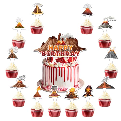 25 Pcs Lava Cake Toppers - Volcano Cupcake Toppers for Luau Hawaiian Science Birthday Party
