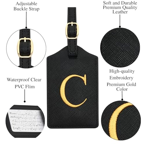 Image of CHOIEO Luggage Tag PU Leather for Suitcase Baggage Handbag Travel Bag Label Suitcase Tag w. Name Card & Privacy Cover (1 count, Black, Rectangular)