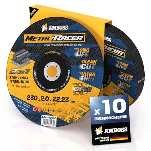 10x Metall-Trennscheibe Ø 230 x 2 x 22.23mm - Die Metalltrennscheibe Metal Racer by AMBOSS WERKZEUGE ist geeignet für Stahl & Edelstahl, Stahl/Inox Trennscheibe 230 passend für Winkelschleifer