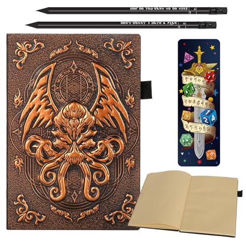 Diário de campanha DND com capa de couro em relevo Cthulhu 3D - Caderno A5 de 192 páginas em branco,