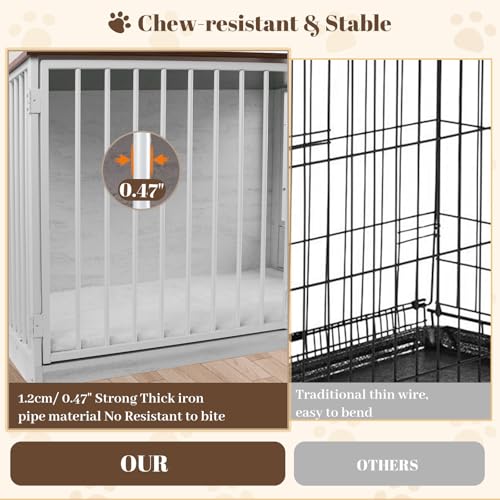 TBWIND Dog Crate Furniture for Large Dogs, 36" Indoor Wooden Dog Kennel with 270° Swivel Door & 360° Rotating Feeder, Decorative Heavy Duty Dog House with Double Locks & Bowls, White - Image 7