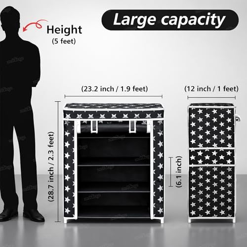 Image of Zest 4 Toyz Star Printed Shoe Rack with 4 Shelfs Zip Cover and Side Pocket Multipurpose Racks Shoe Organizer Cum Book Organizer Non Woven Fabric (Black)