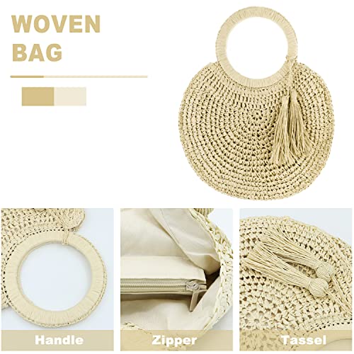 Straw Bag, Tote Bag for Women, Round Hand-Woven Bag Beach Bag with Tassel Pendant, Summer Handbag Suitable for Vacation, Daily Matching, Travel Bag (Beige)3