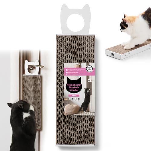 Necoichi Cardboard Hang & Scratch Doorknob Cat Scratcherfor Indoor Cats - Cat Scratching Board, Cat Scratch Pad Lounger with Reversible Usability and Extra Comfort for Wall (White)