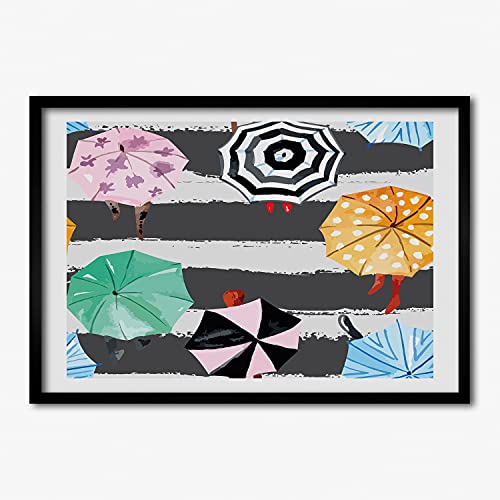 Tableau peinture de parapluies colorés avec cadre bois moderne 70x50 pour illuminer votre salon