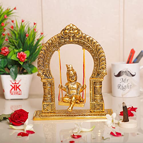 Image of KridayKraft Metal Laddu Gopal Swing Jhula Gold Plated Krishna Jhula palna for Temple,Pooja Room, Decor Your Home,Office & Gift Your Relatives On Wedding,Anniversaries,Birthday.