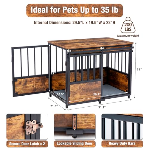 KOOPRO 32" Dog Crate Furniture with Cushion, Heavy Duty for Medium Dogs | Wooden Dog Kennel with Double Doors, Decorative Pet House Dog Cage Side End Table Indoor, Sliding Door Chew-Resistant - Image 8