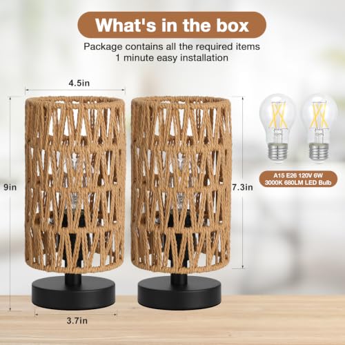 Image of Table Lamps Set of 2 (Rattan Rope Shade - Black Base, 9 inch Inline Control)