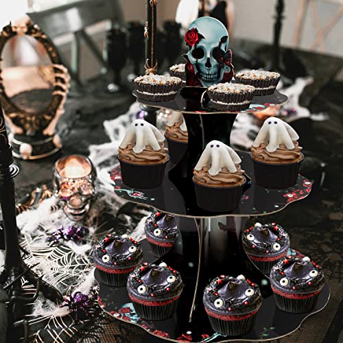 Gothic Rose Skull Cupcake Stand For Halloween Party Decoration Floral Skeleton Cake Serving Tray Gothic Birthday Wedding Proposal Anniversary Table Decorations #TOP5