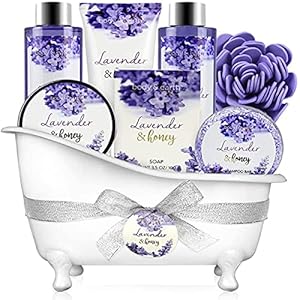 Coffret de Bain & Douche pour Femme, Body&Earth 8 Pièces Coffret Cadeau au Parfum de Lavande et de Miel, avec Baignoire Décoratif, Parfait Cadeau pour l’Anniversaire