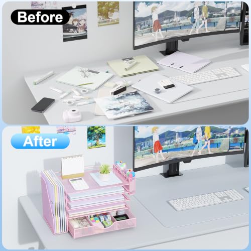 Image of gianotter 5-Tier Desk Organizer with Drawers and File Holders | Letter Trays and Pen Holders - Workspace Accessories for Office Supplies (Pink)