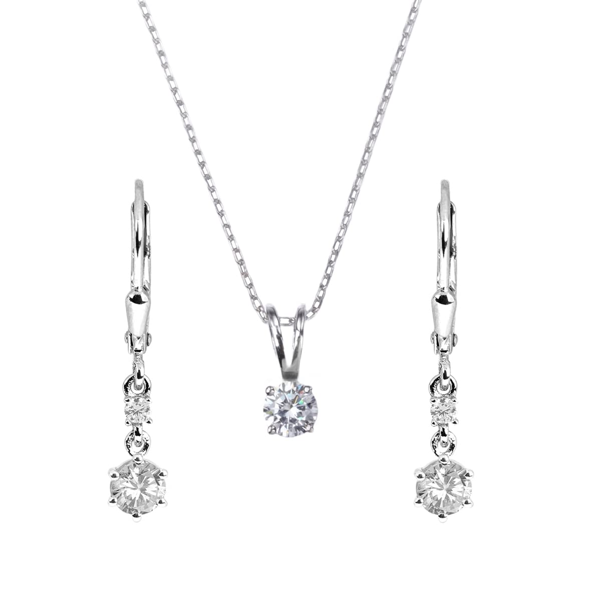 Ornate Jewels 925 Silver American Diamond 18 inch Chain Solitaire Necklace and Dangle Earrings Set for Women and Girls
