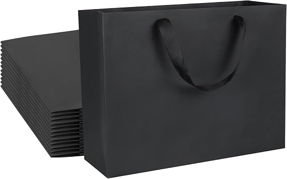 QIELSER 24 Pack Kraft Gift Bags - Extra Large Size, Black Paper Shopping Bags with Ribbon Handles - Wedding, Party, Retail - 16x6x12 Inches