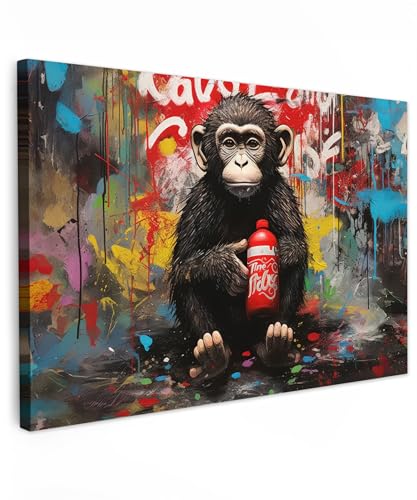 MuchoWow© Bild auf Leinwand Groß 120x80 cm XXL Schlafzimmer Bilder Wand Deko Wohnzimmer Modern Wanddeko Bilderwand Geschenk Banksy - Street Pop Art - Affe - Graffiti - Tiere - Kunst - Flasche - Farben