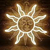 Vintage Burning Sun and Moon Neon Sign - Remote Dimmer 3D Boho Aesthetic Room Decor Celestial Mystic Sun Moon USB Power LED Sign Light w/Closed Eyes Psychedelic for Bedroom Gift - 12'