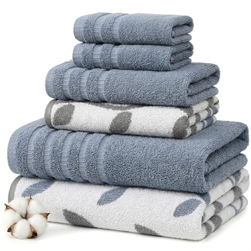 Amrapur Overseas 6-Piece Yarn Dyed Organic Vines Jacquard/Solid Ultra Soft 500GSM 100% Combed Cotton Towel Set [Blue]