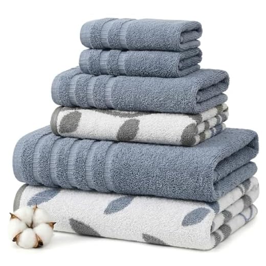 Amrapur Overseas 6-Piece Yarn Dyed Organic Vines Jacquard/Solid Ultra Soft 500GSM 100% Combed Cotton Towel Set [Blue]